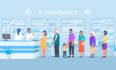 illustration of a pharmacy with a diverse group of people waiting in line for assistance at the counter with shelves stocked with products highlighting essential 17 medications and healthcare items