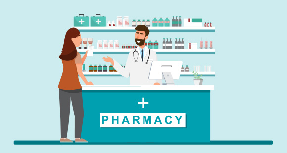 a pharmacist assisting a customer at a pharmacy counter with various medications displayed in the background featuring over 15 products available